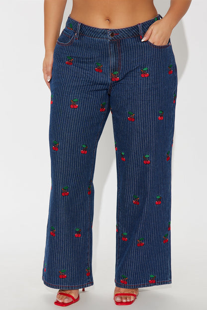 Sweetest Cherry Low Rise Wide Leg Jeans - Medium Wash