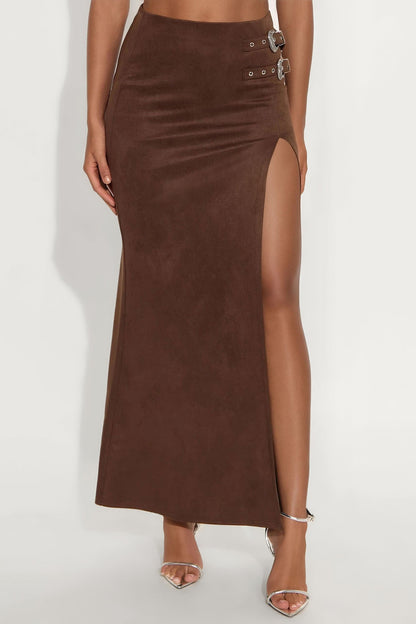 Out West Faux Suede Maxi Skirt - Chocolate
