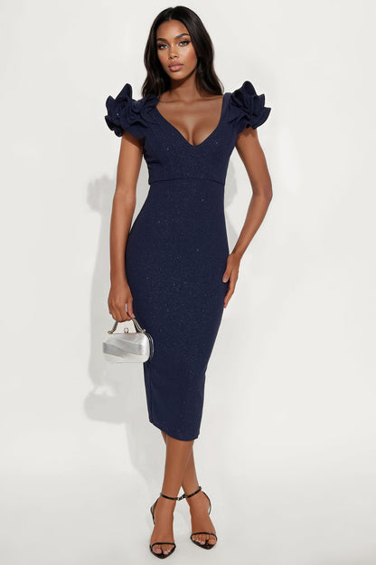 Cocktail Hour Glitter Midi Dress - Navy