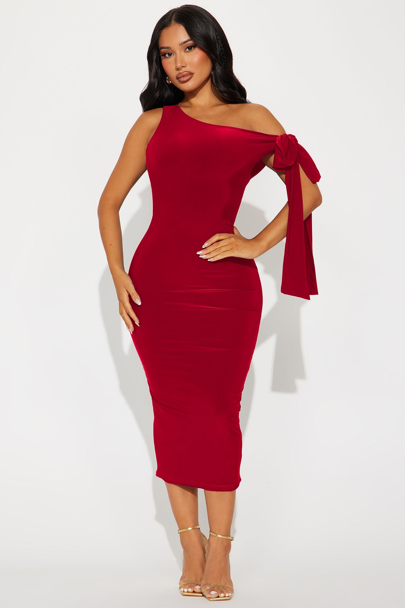 Olympia Twist One Shoulder Midi Dress - Red