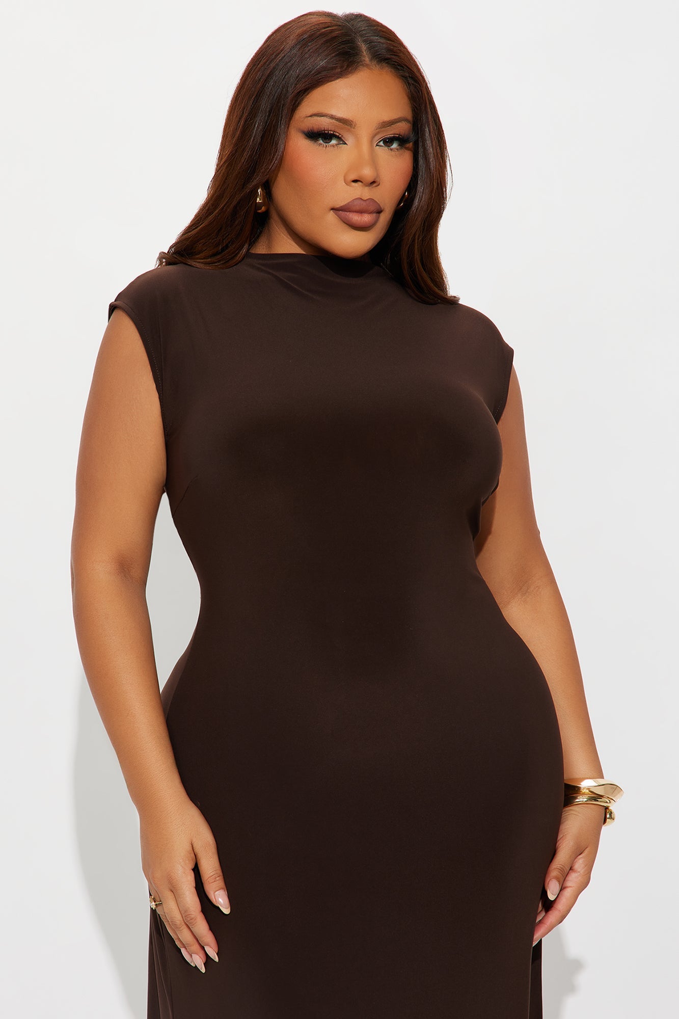 Kaylah Mock Neck Cap Sleeve Maxi Dress - Chocolate