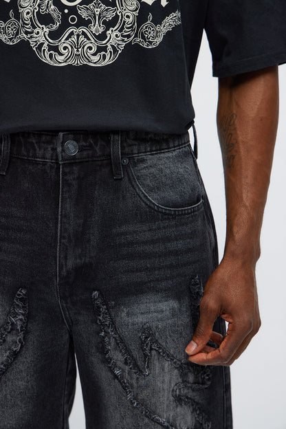 Relaxed Rugged Fray Denim Shorts - Black Wash