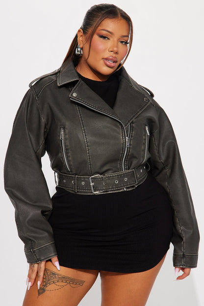 Roxi Washed Faux Leather Moto - Black