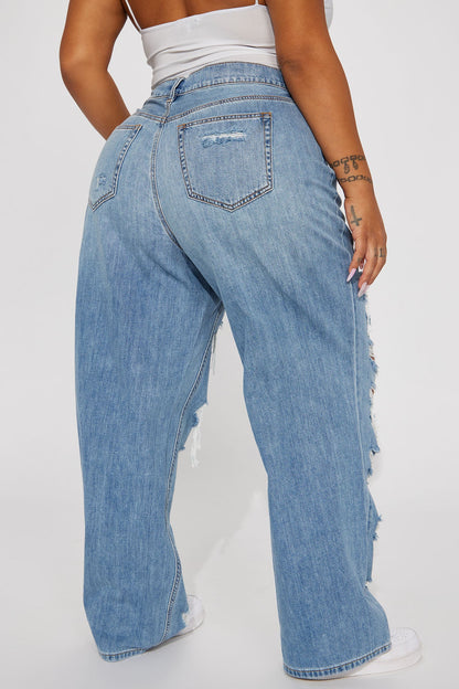 Sydney Shredded Non Stretch Loose Jeans - Medium Wash