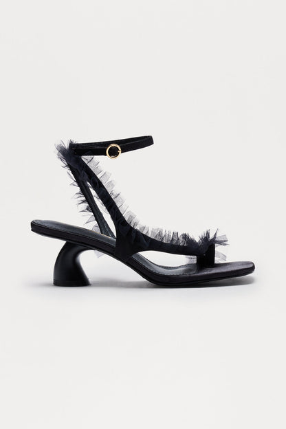 Afina Satin Ruffle Heels - Black