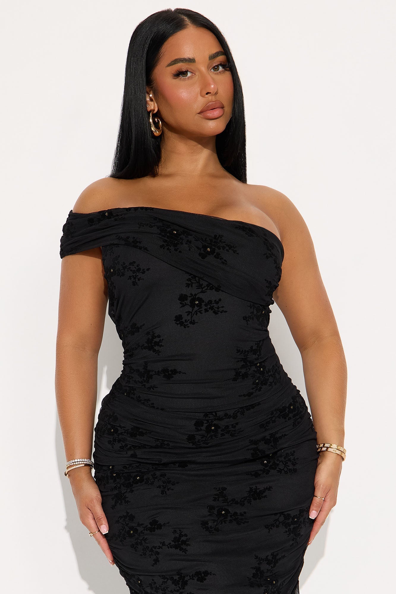 Real Legacy Flocked Mesh Midi Dress - Black