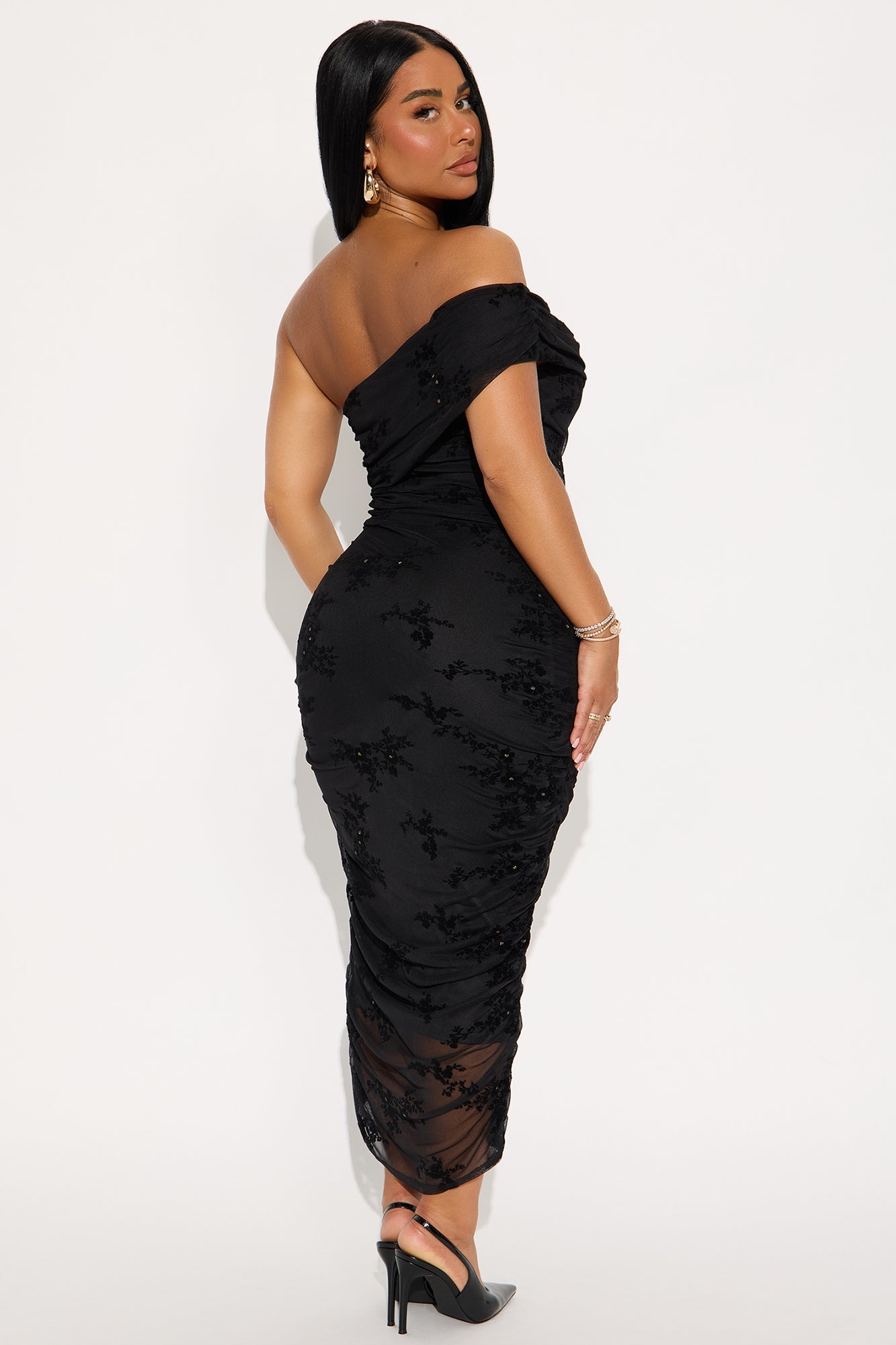 Real Legacy Flocked Mesh Midi Dress - Black