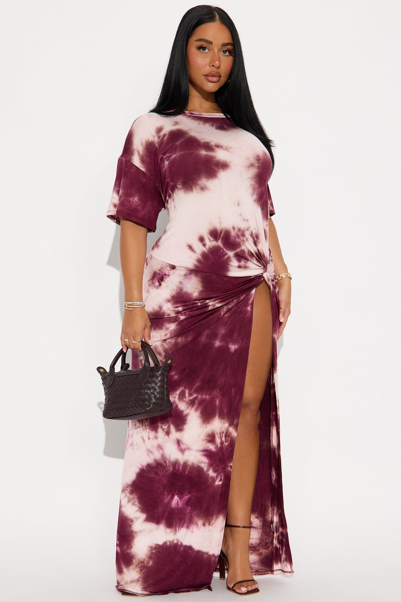 Hadley Tie Dye High Slit Tshirt Maxi Dress - Burgundy
