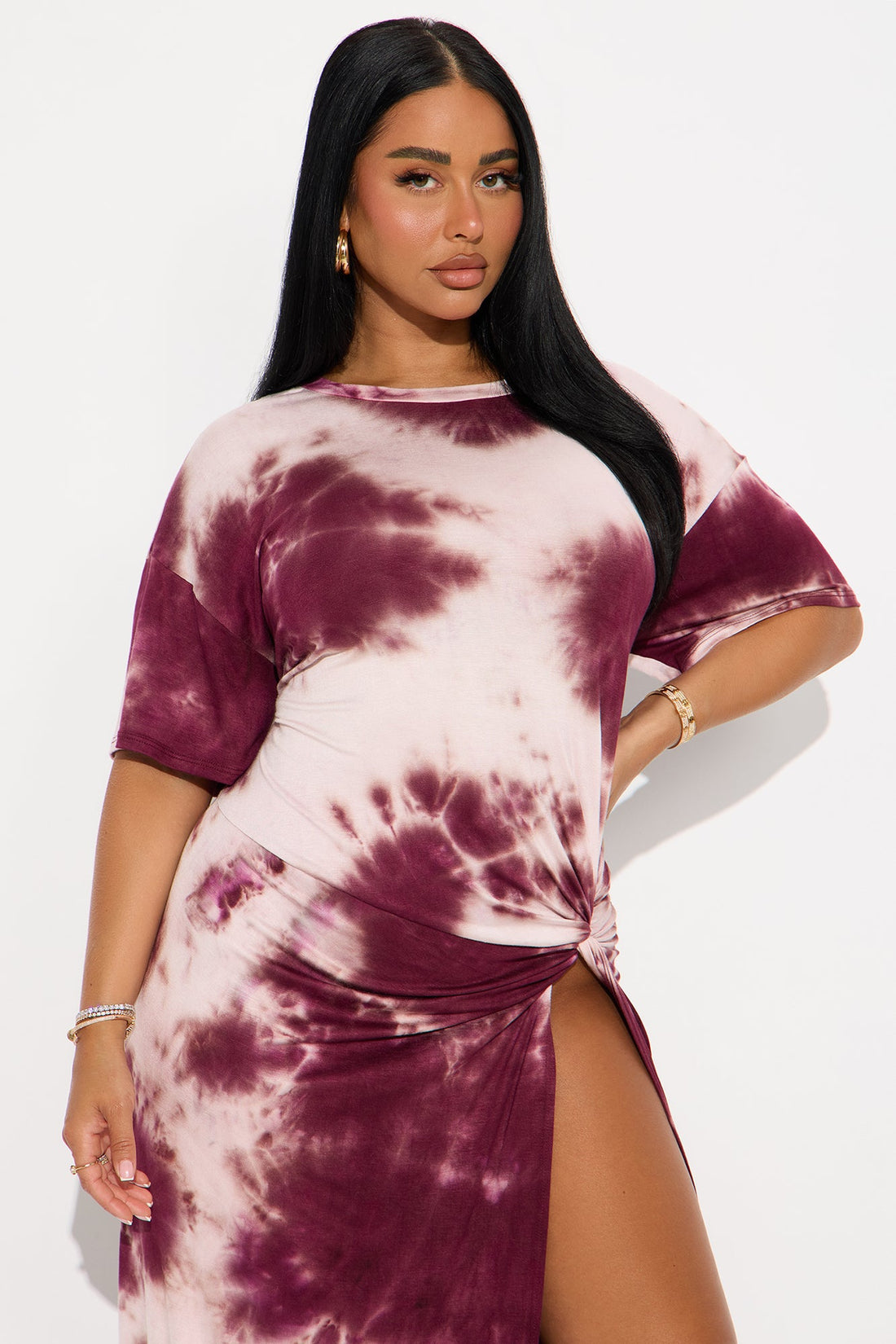 Hadley Tie Dye High Slit Tshirt Maxi Dress - Burgundy