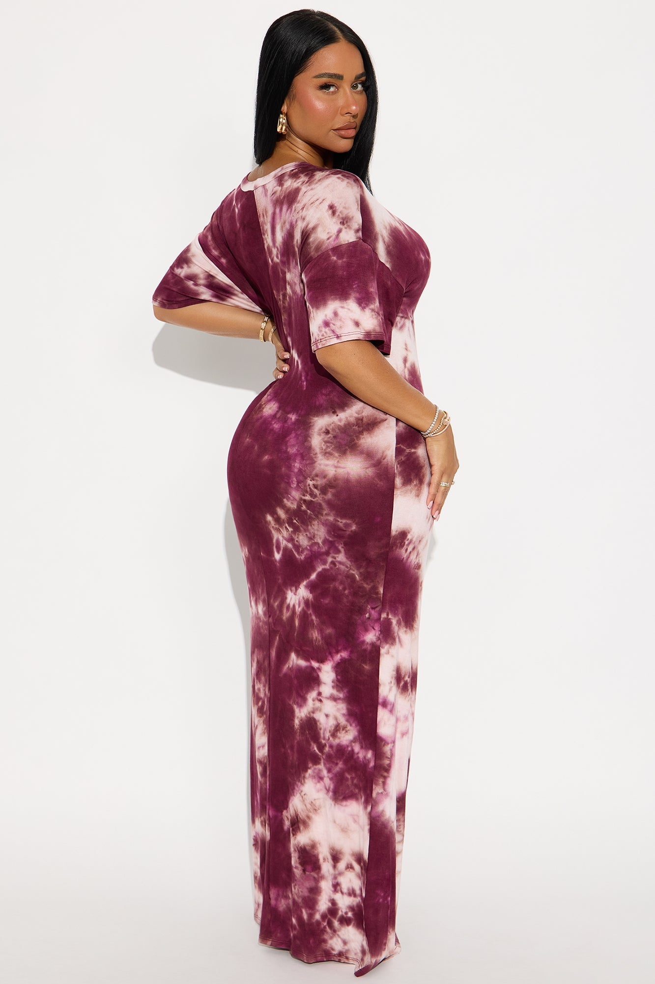 Hadley Tie Dye High Slit Tshirt Maxi Dress - Burgundy