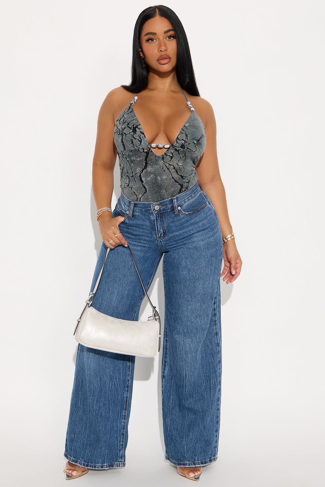 Enchanted Whisper Flocked Halter Bodysuit - Charcoal