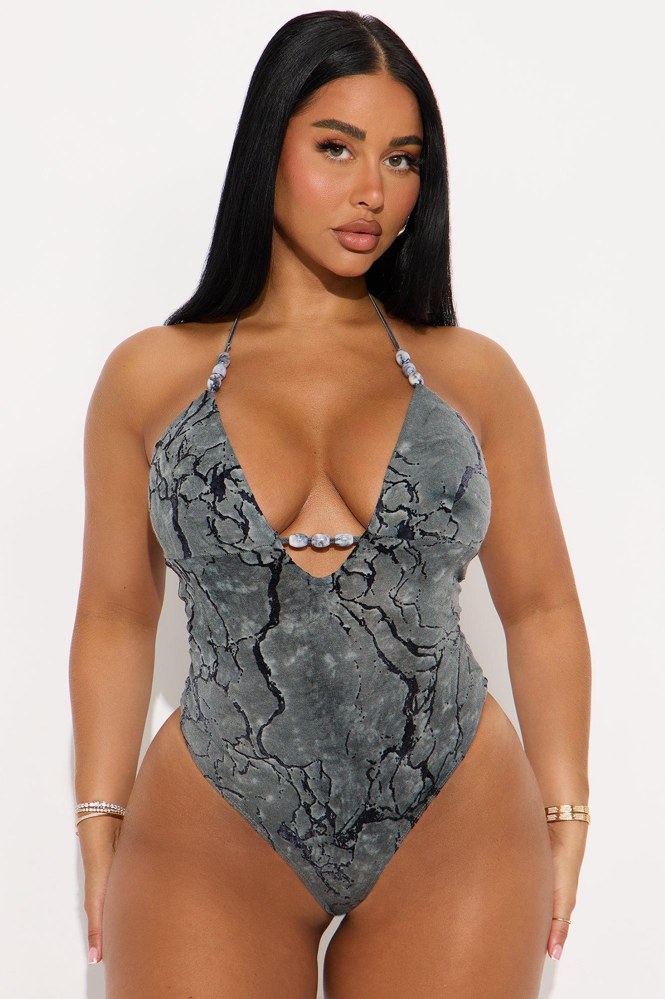 Enchanted Whisper Flocked Halter Bodysuit - Charcoal