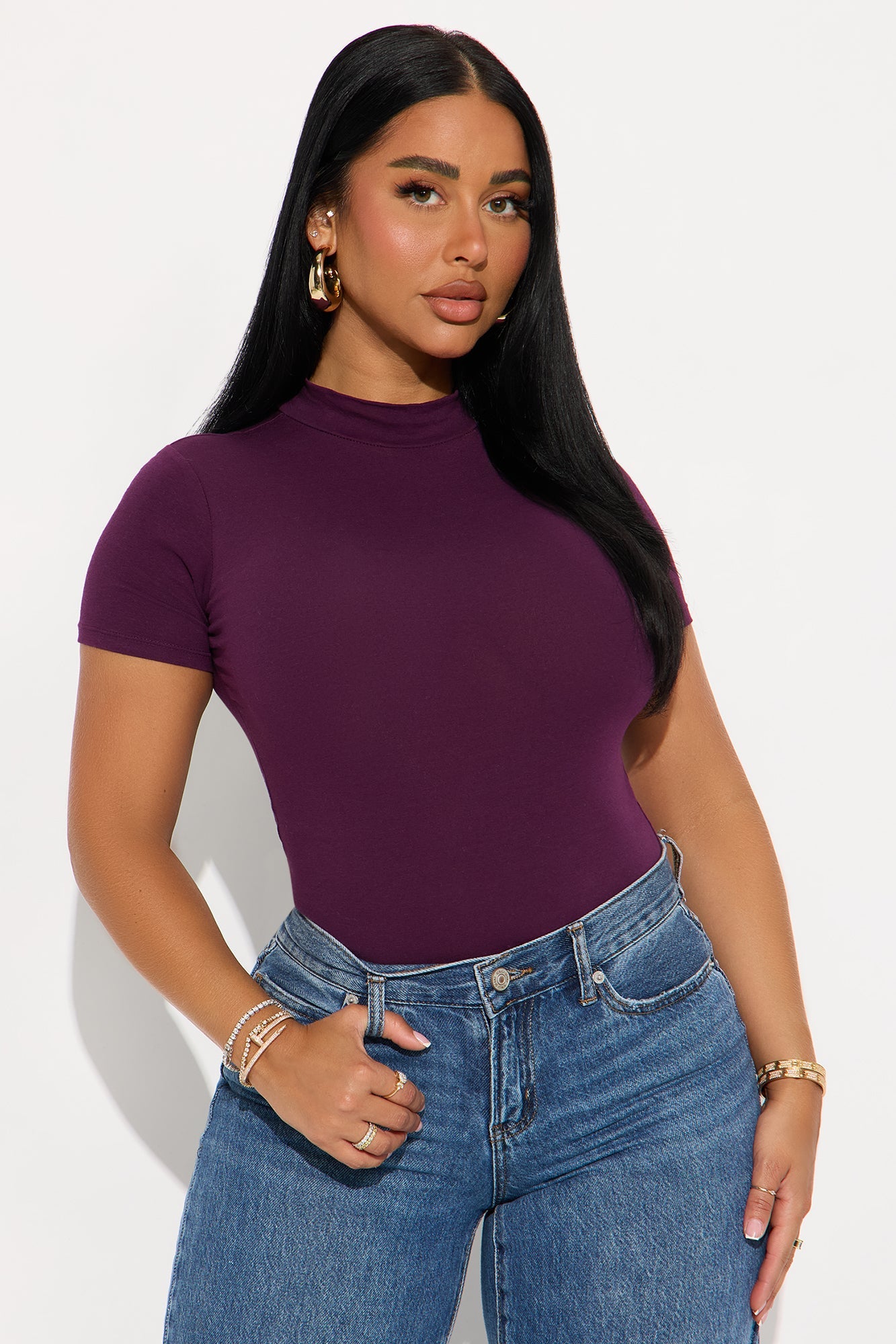 Basic Mock Neck Bodysuit - Plum