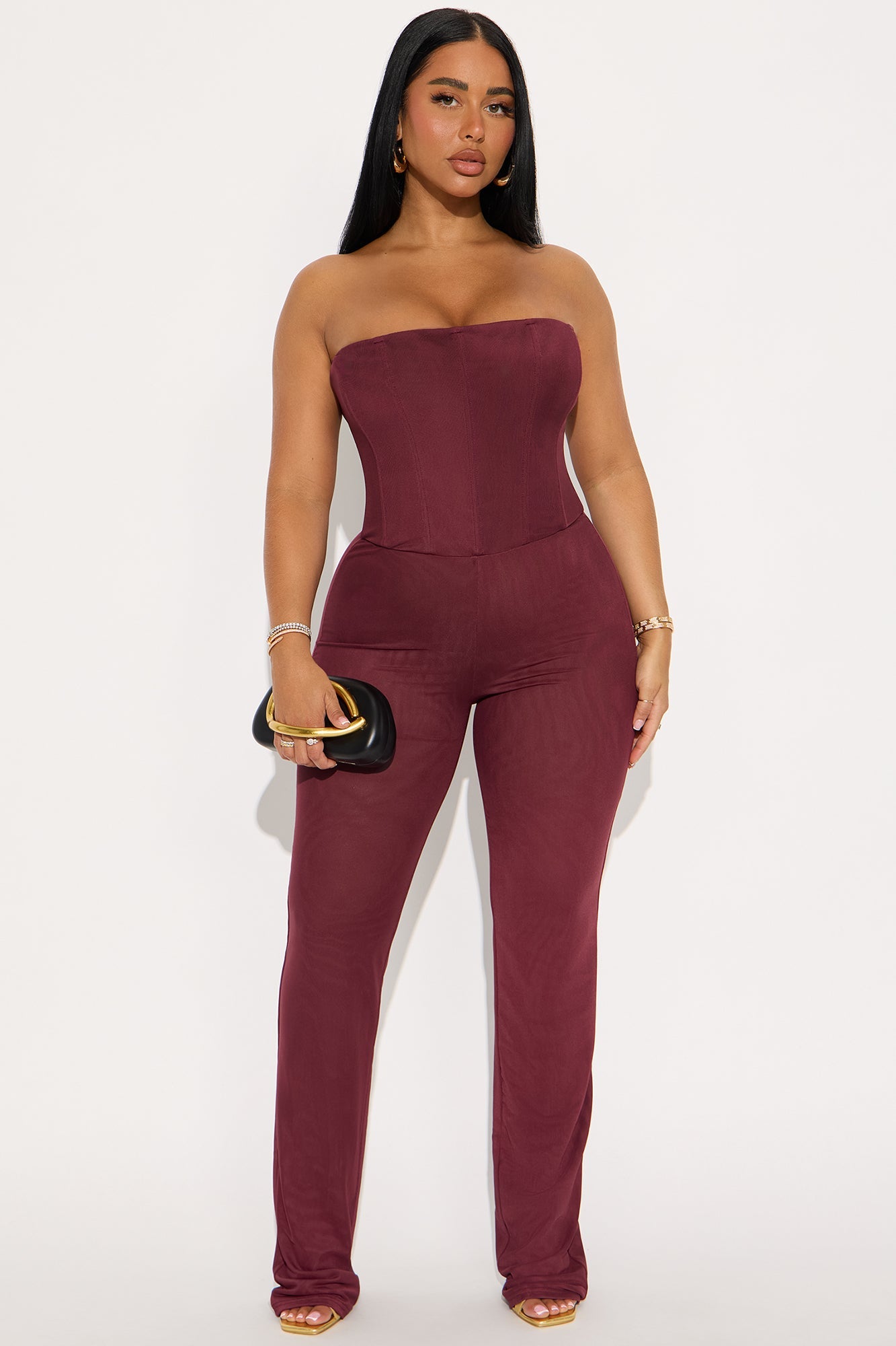 Martina Mesh Double Lined Straight Leg Jumpsuit - Burgundy