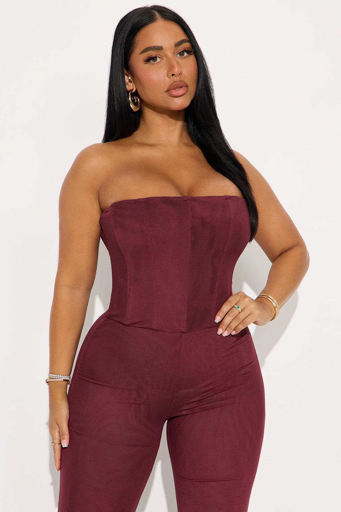 Martina Mesh Double Lined Straight Leg Jumpsuit - Burgundy