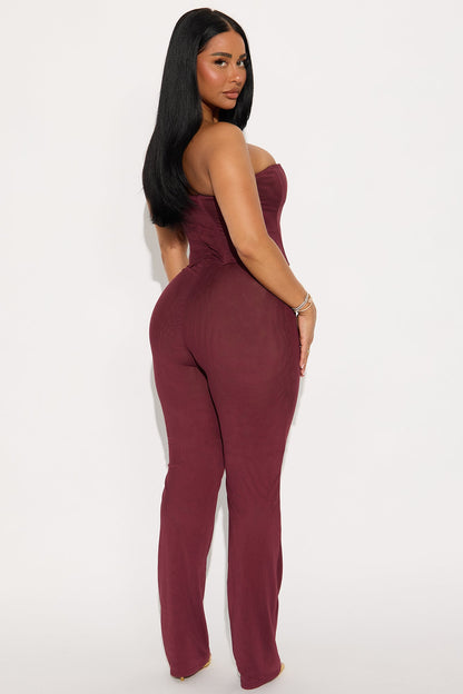 Martina Mesh Double Lined Straight Leg Jumpsuit - Burgundy