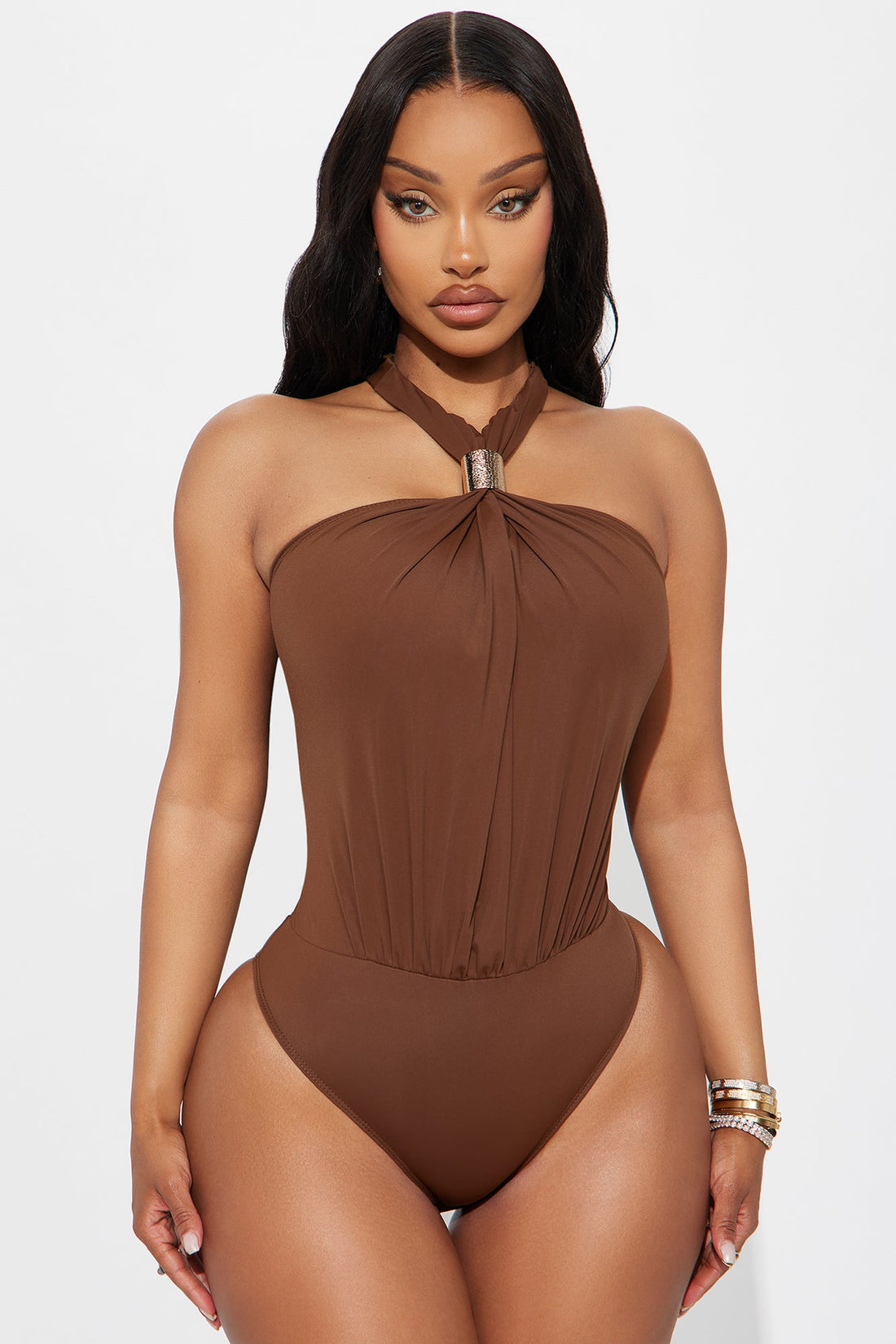 Beverly Y-Neck Ruched Bodysuit - Chocolate
