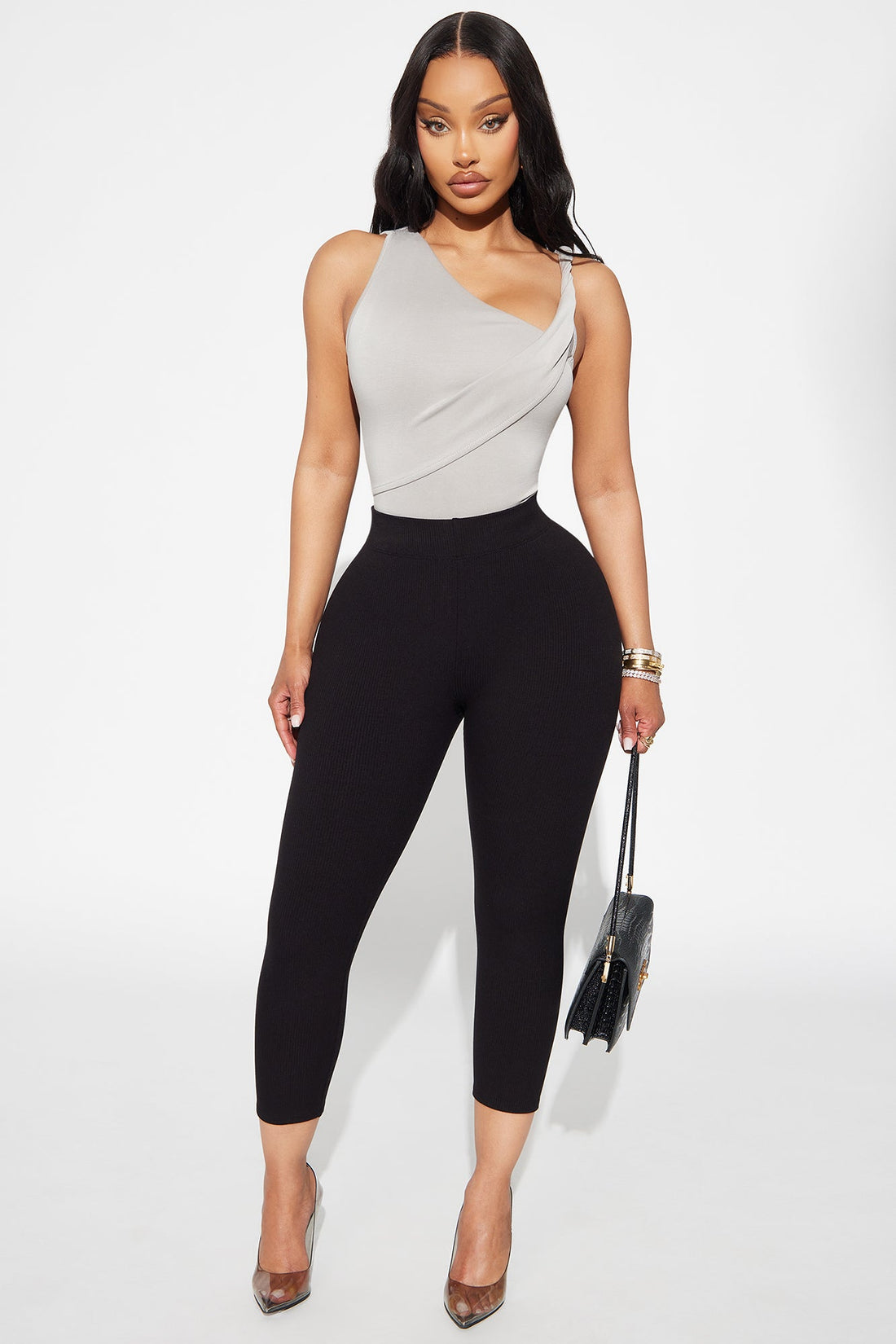 Tory Rib Heavy Contoured High Waisted Capri Legging - Black