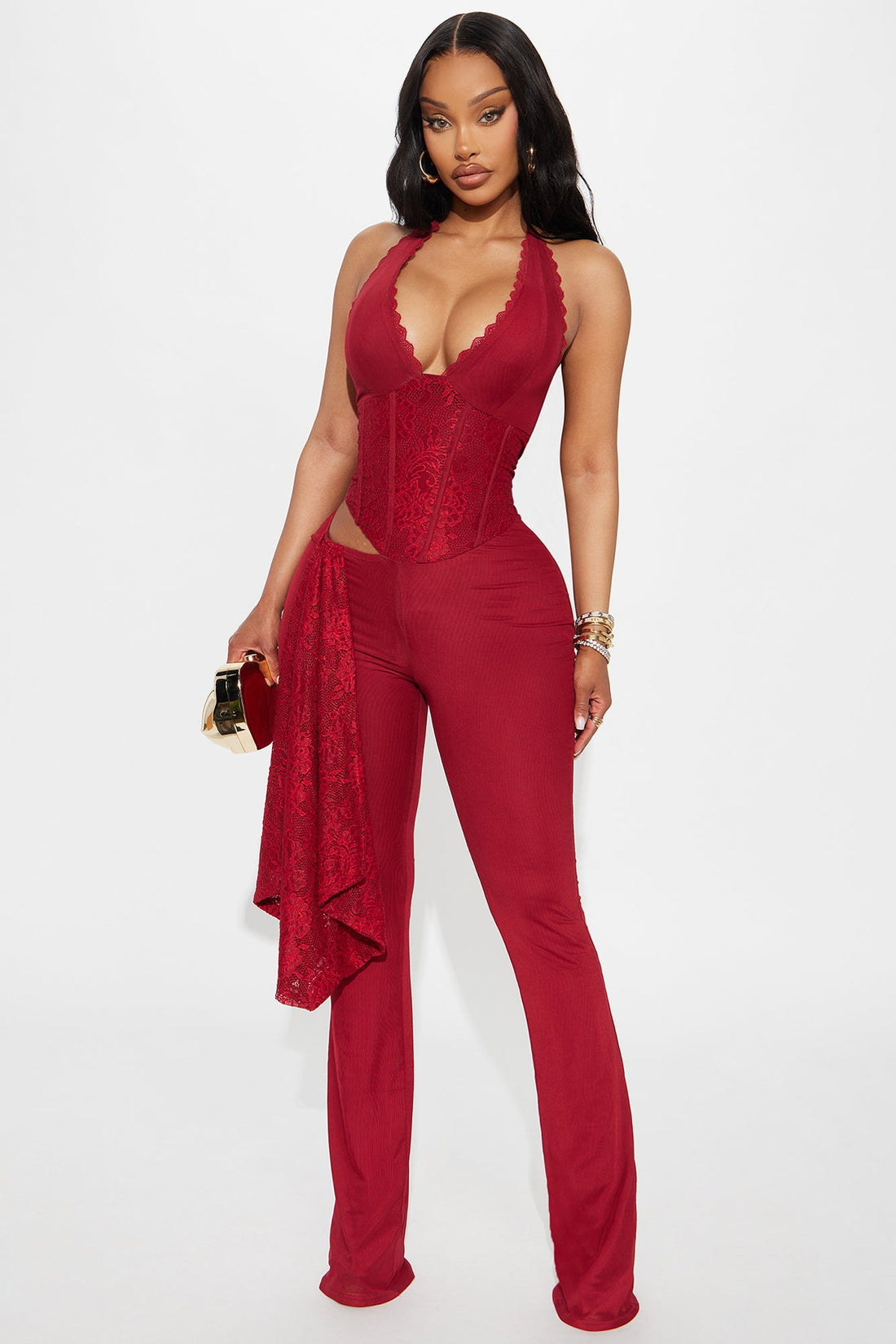 Melrose Mesh Halter Corset Jumpsuit - Burgundy