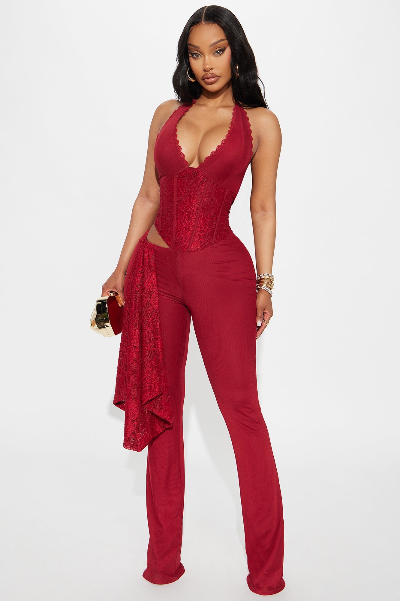 Melrose Mesh Halter Corset Jumpsuit - Burgundy