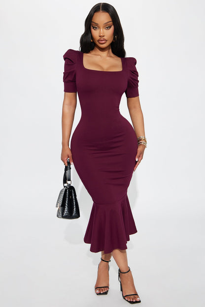 Olivia Short Sleeve Mermaid Midi Dress - Wine