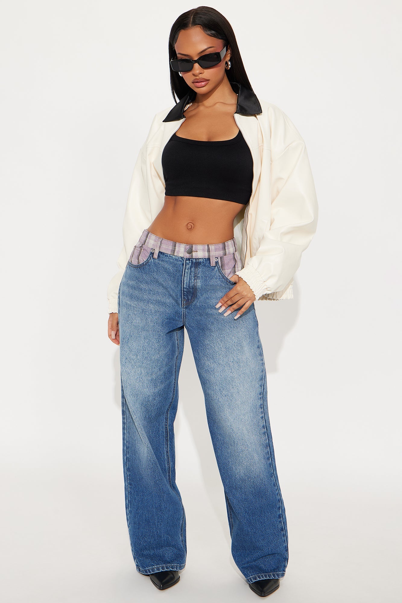 Well Plaid Loose Straight Leg Jeans - Dark Wash