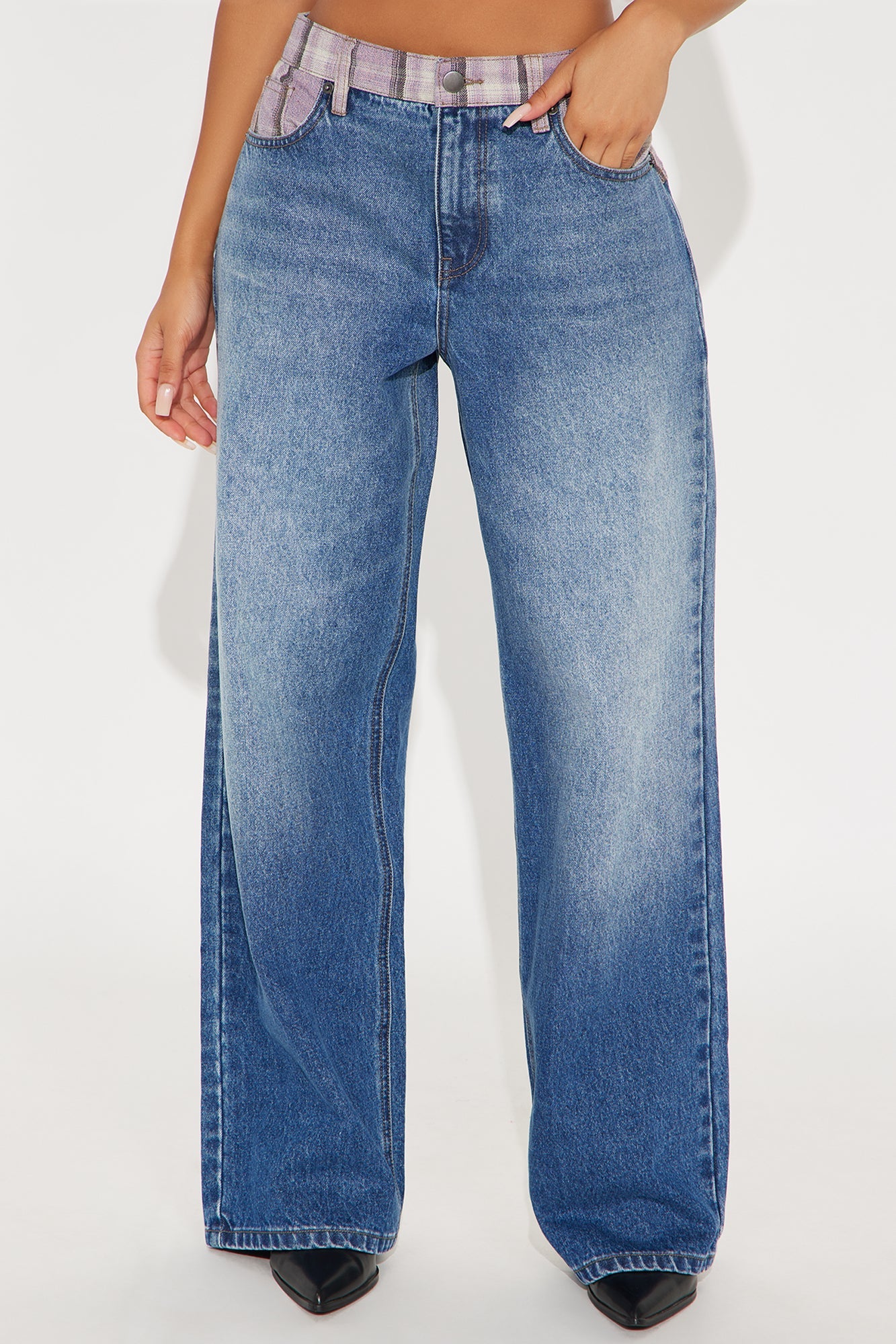Well Plaid Loose Straight Leg Jeans - Dark Wash