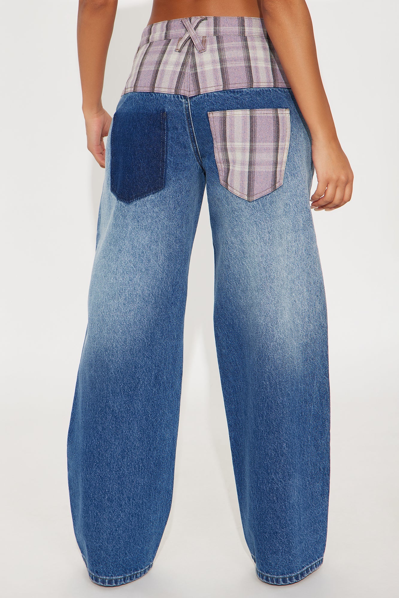Well Plaid Loose Straight Leg Jeans - Dark Wash