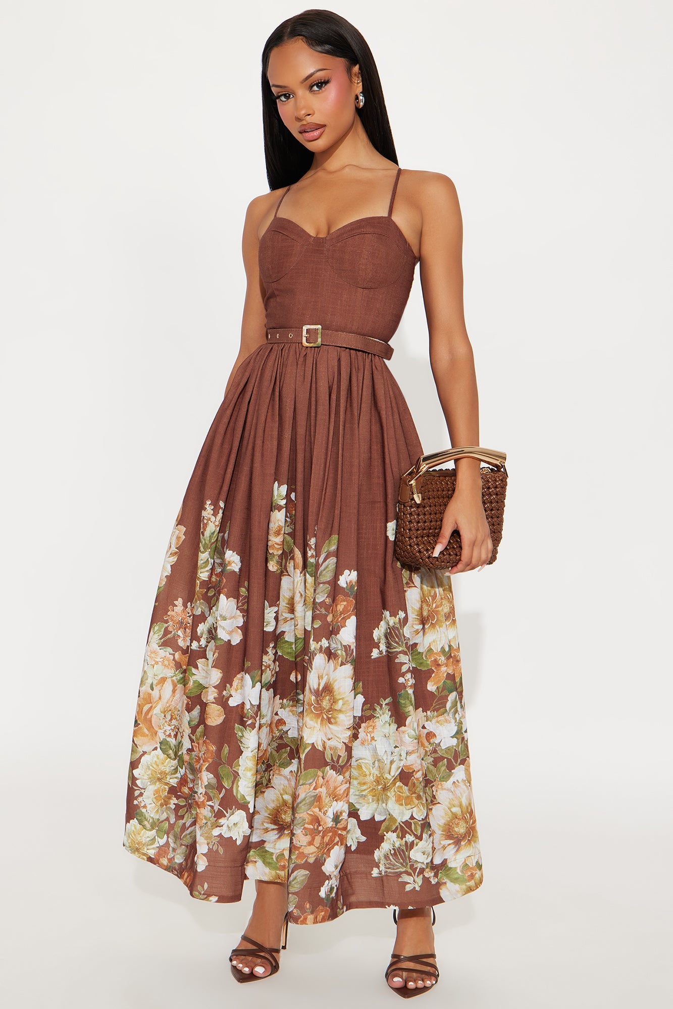 In The Flower Fields Linen Maxi Dress - Brown