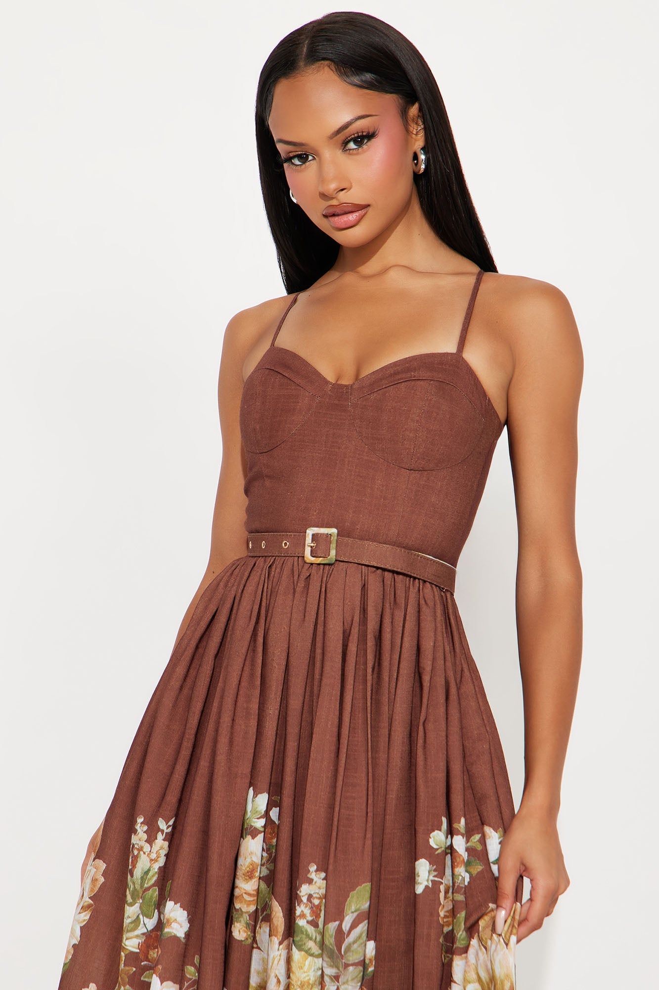 In The Flower Fields Linen Maxi Dress - Brown