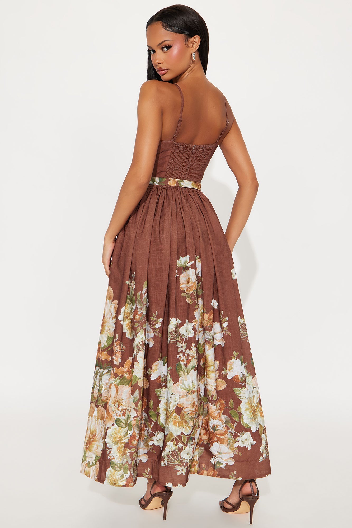 In The Flower Fields Linen Maxi Dress - Brown