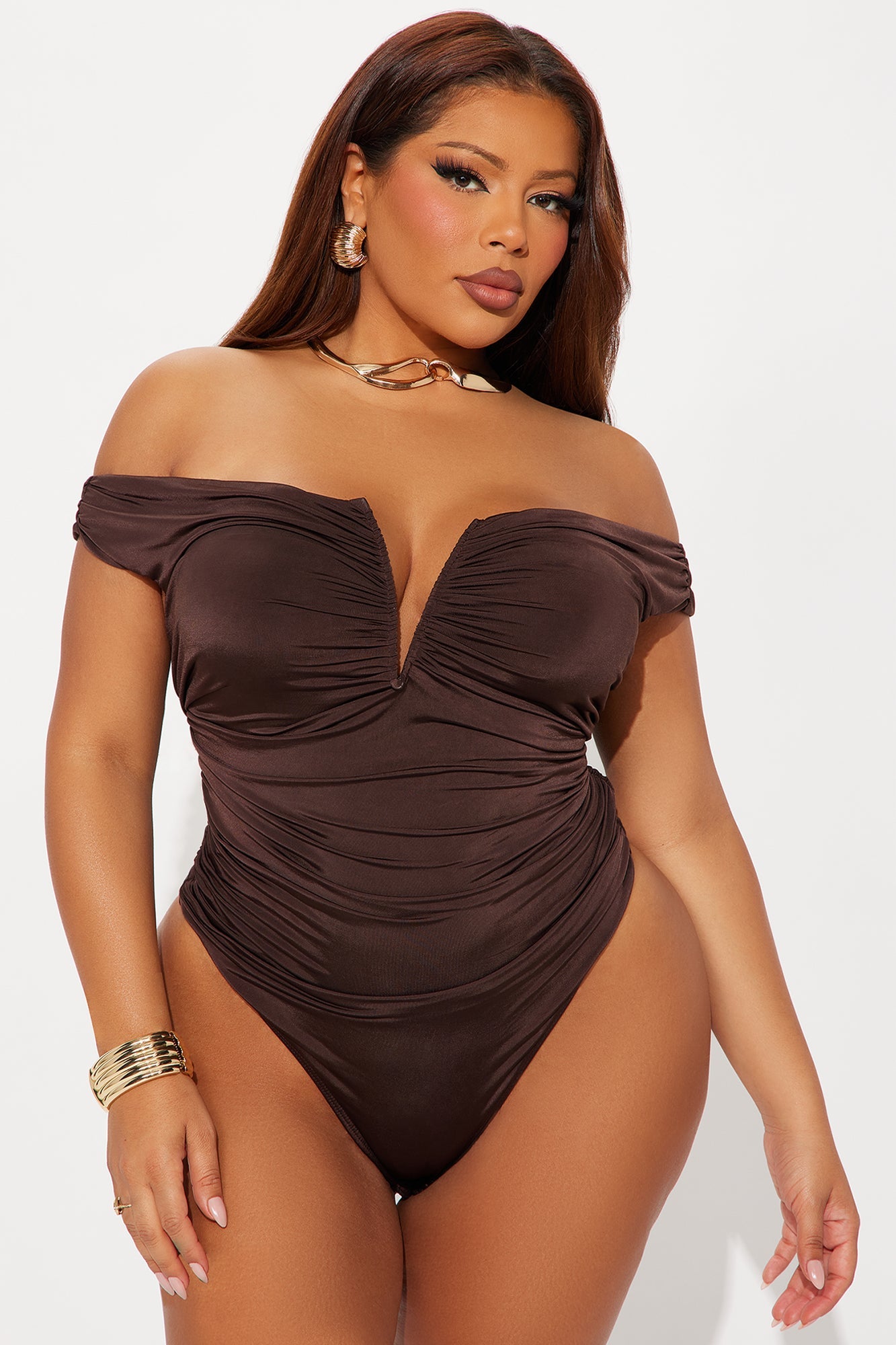Kore Ruched Off Shoulder Bodysuit - Brown