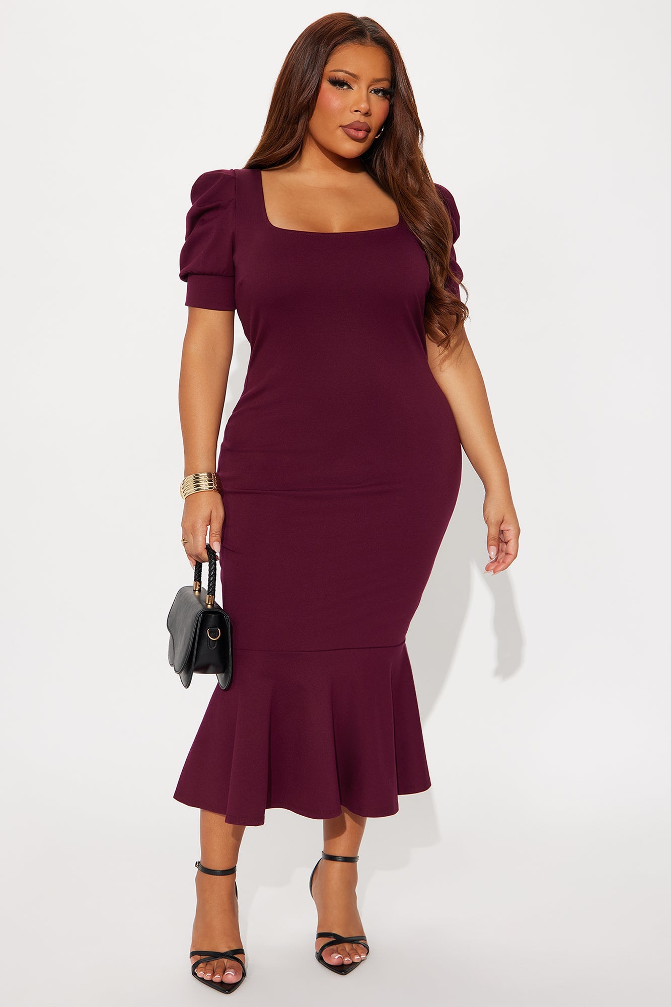 Olivia Short Sleeve Mermaid Midi Dress - Wine