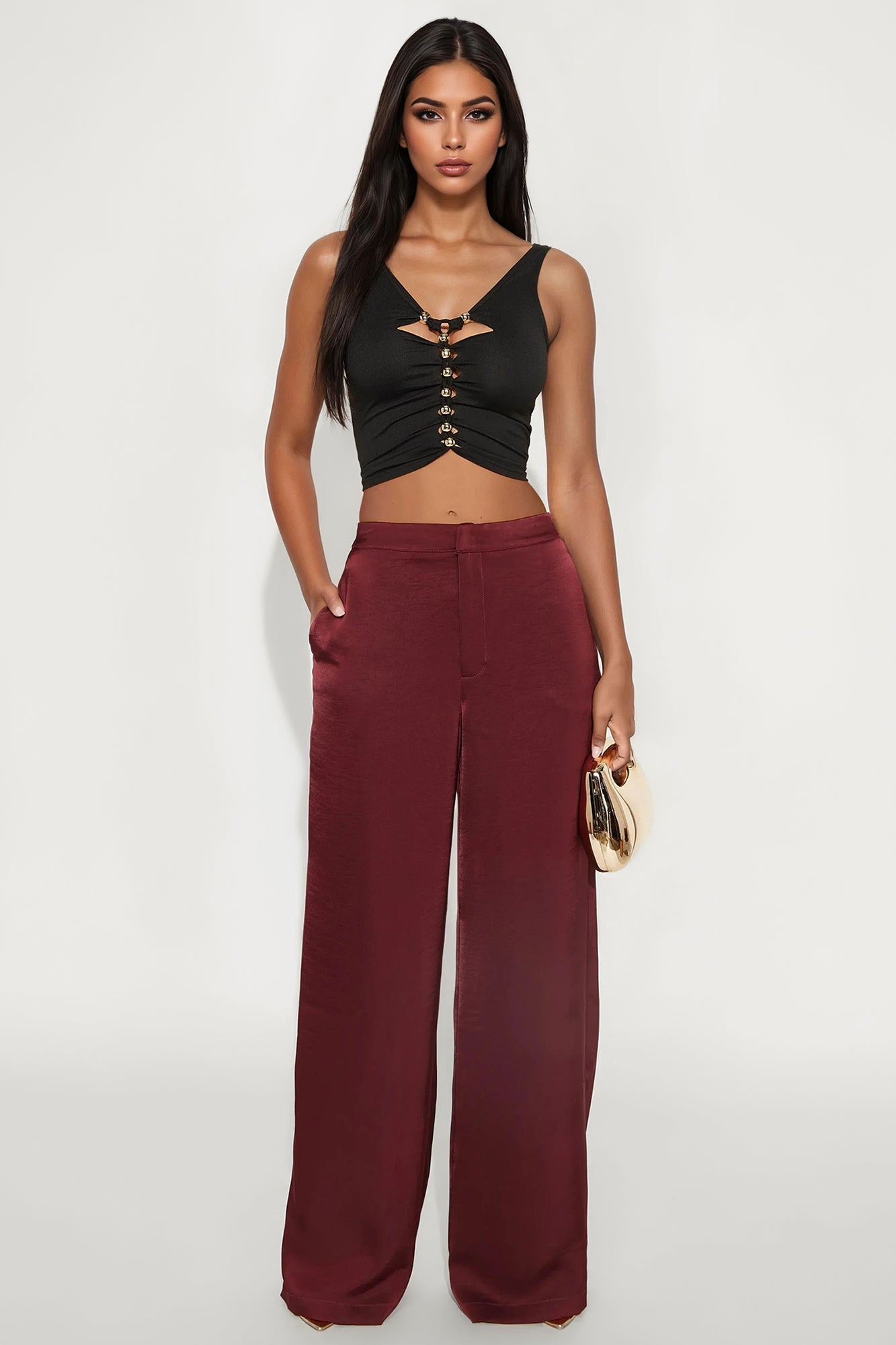 Denise Satin Wide Leg Trouser Pant - Wine