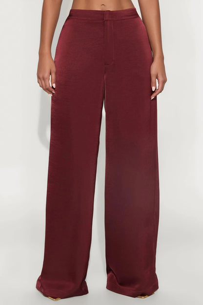 Denise Satin Wide Leg Trouser Pant - Wine