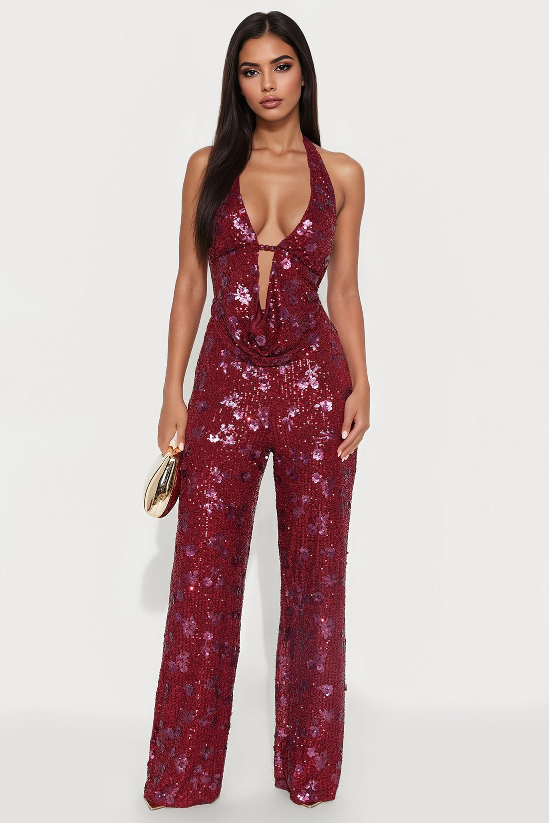 Natalia Sequin Halter Jumpsuit - Burgundy