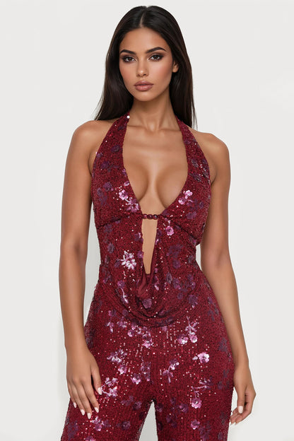 Natalia Sequin Halter Jumpsuit - Burgundy