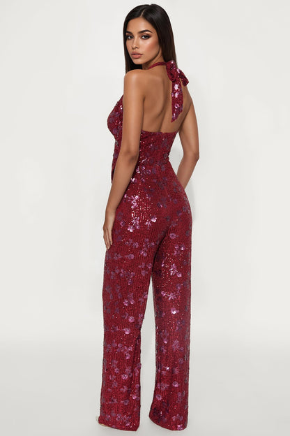 Natalia Sequin Halter Jumpsuit - Burgundy