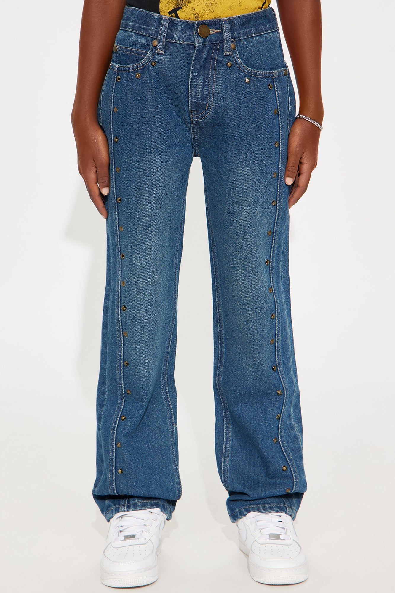 Mini Straight Going Down Studded Jeans - Medium Blue Wash
