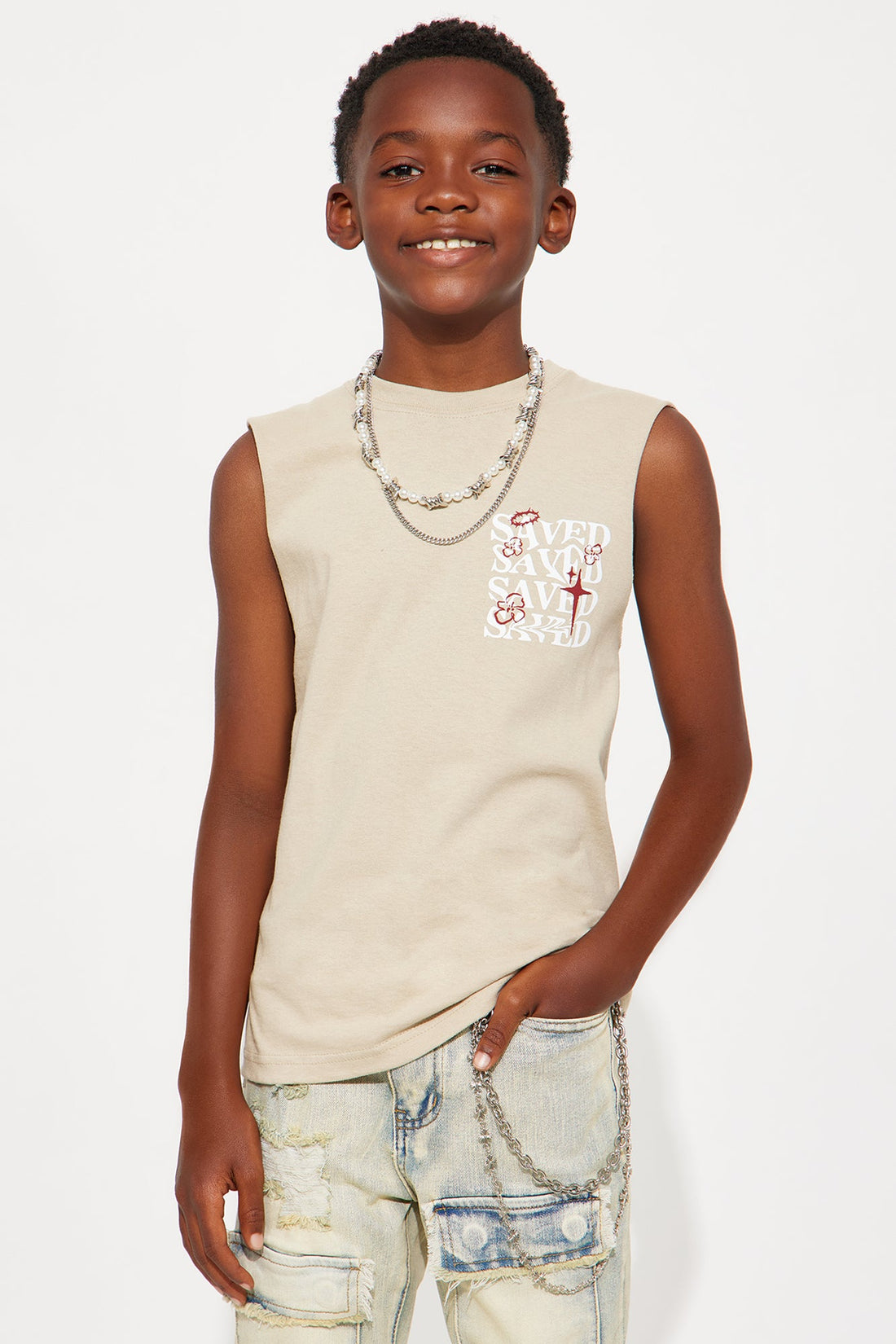 Mini Saved Front/Back Muscle Tee - Stone
