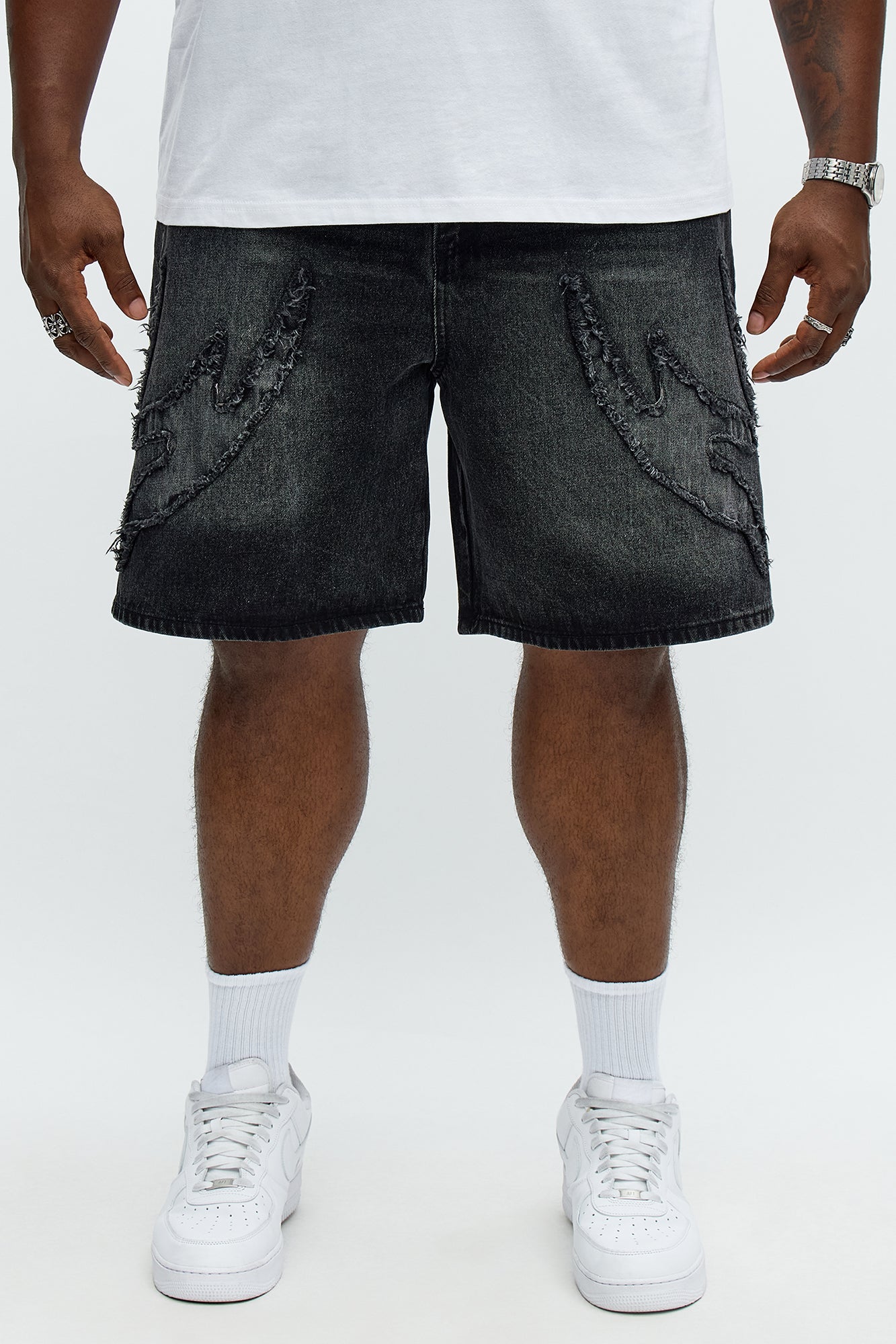 Relaxed Rugged Fray Denim Shorts - Black Wash