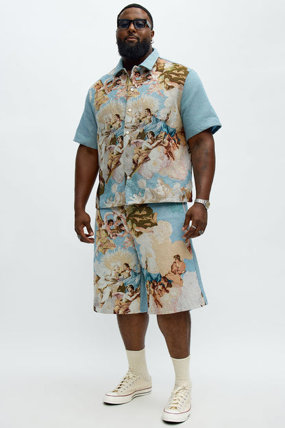 Angels Tapestry Button Up Shirt - Blue/combo