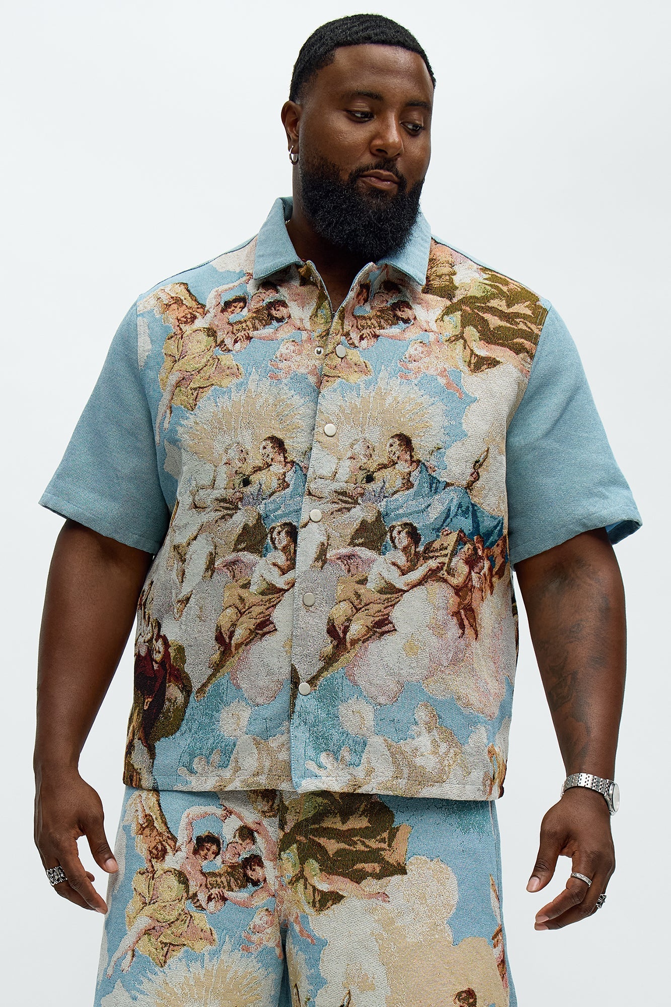Angels Tapestry Button Up Shirt - Blue/combo