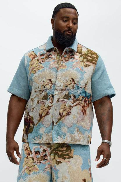 Angels Tapestry Button Up Shirt - Blue/combo