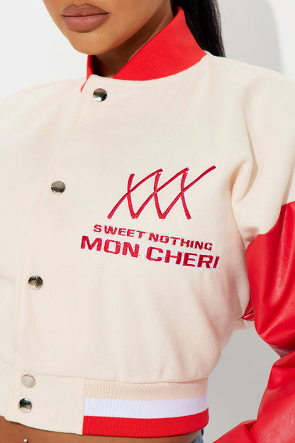Mon Cheri Cropped Varsity Jacket - Taupe/combo