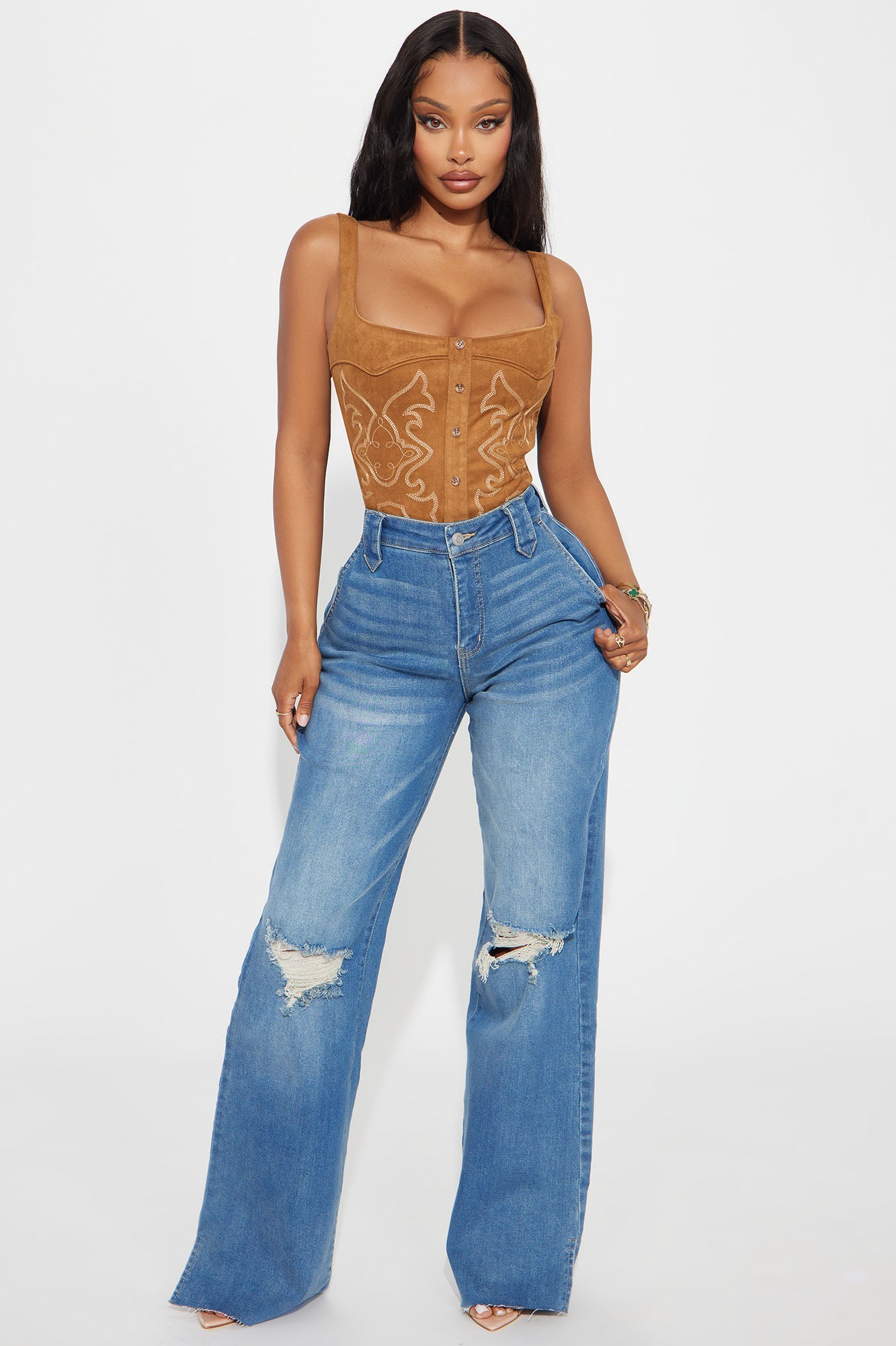 Doubling Down Ripped Flare Jeans - Medium Wash