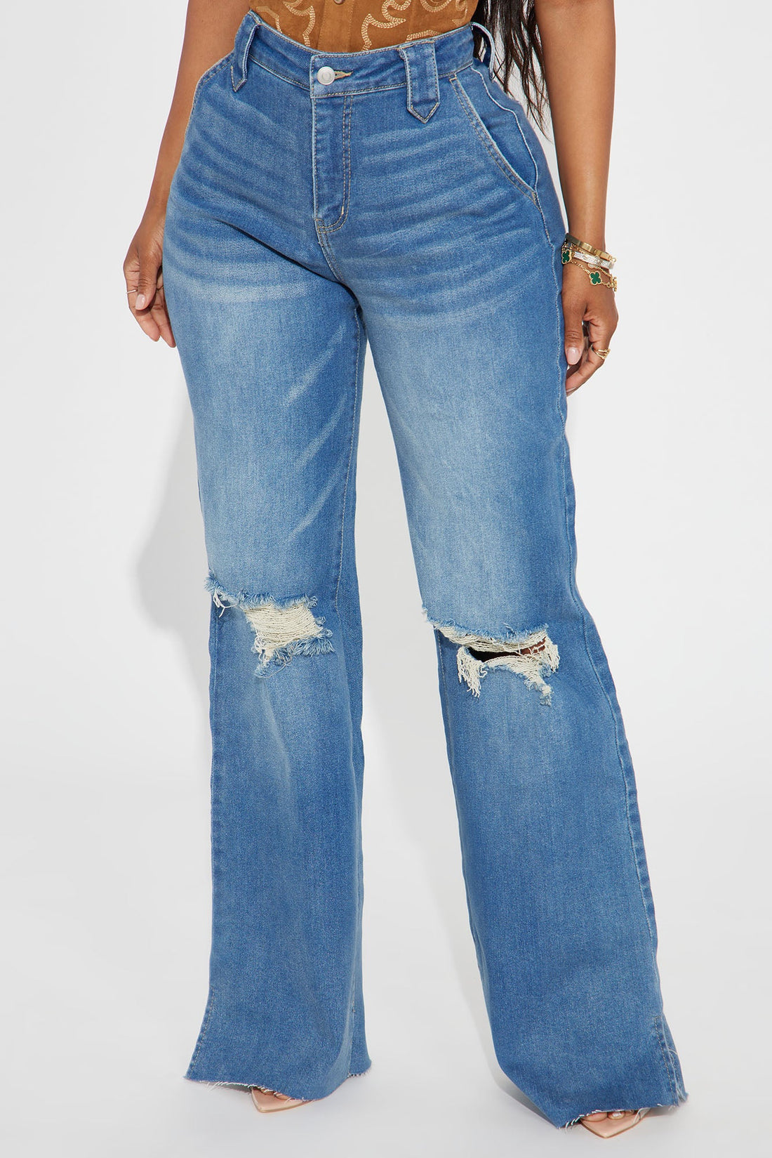 Doubling Down Ripped Flare Jeans - Medium Wash