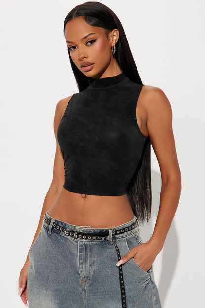 Molly Faux Leather Mock Neck Top - Black
