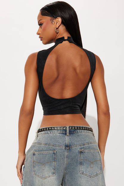Molly Faux Leather Mock Neck Top - Black