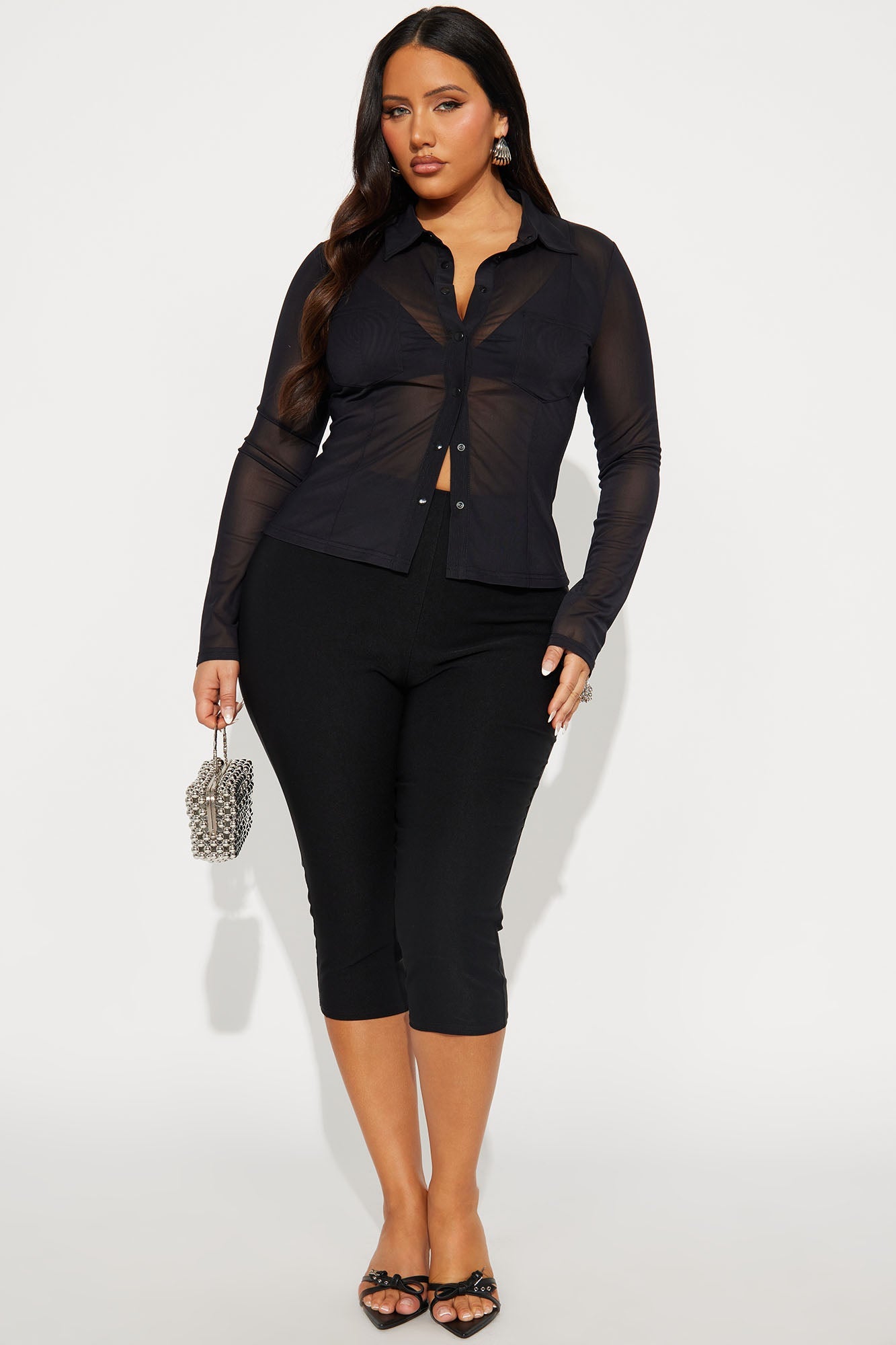 Liesel Snap Button Up Mesh Shirt - Black